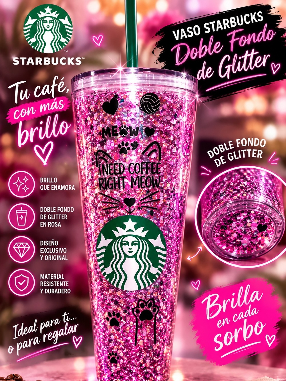 Starbucks Sparkling Magenta Glitter Tumbler with Green Logo